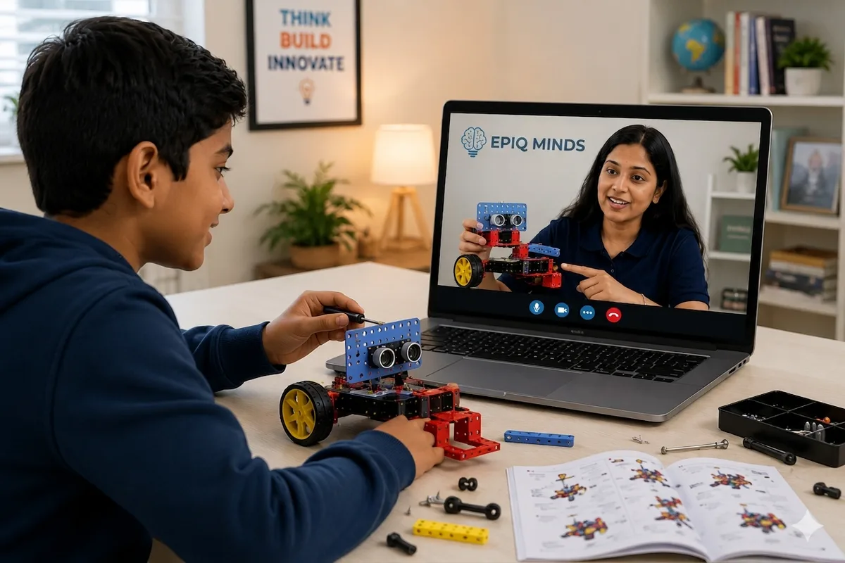 Child building a robotics project during online mentor session